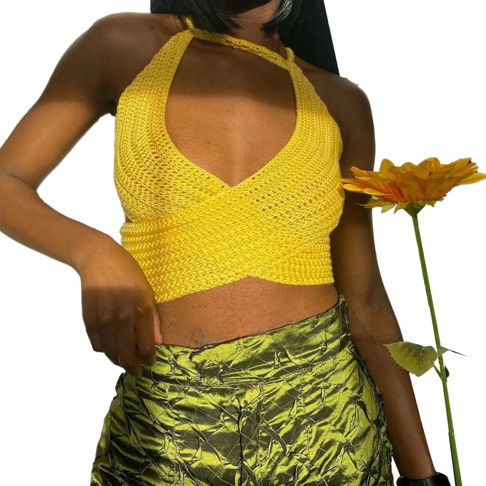 Women Lace Up Backless Camisole Top Criss Cross Deep V Neck Pure Color Sleeveless Strappy Top Yellow M