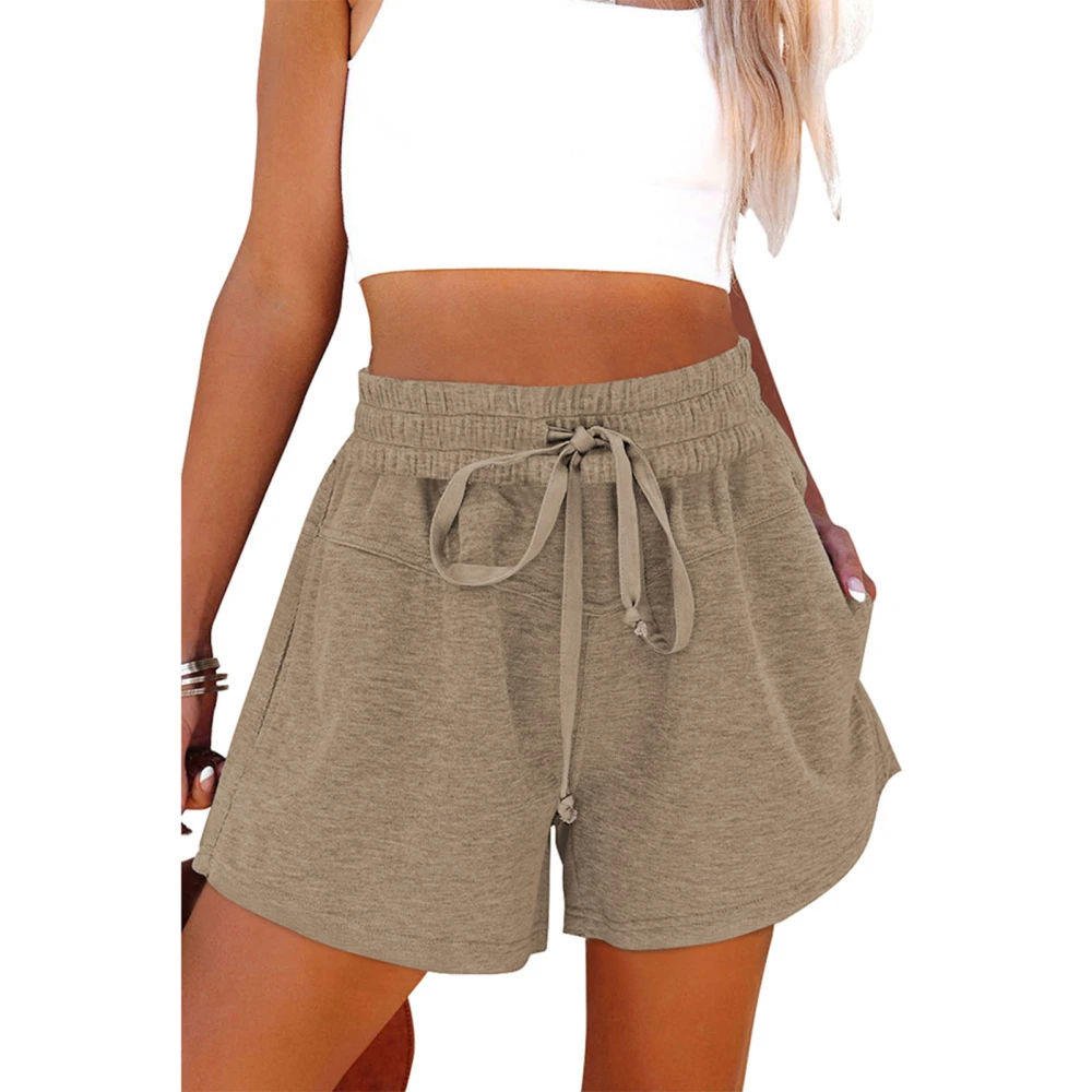 Women Drawstring Shorts Elastic Waist High Waisted Pure Color Side Pockets Wide Leg Shorts for Female Brown M