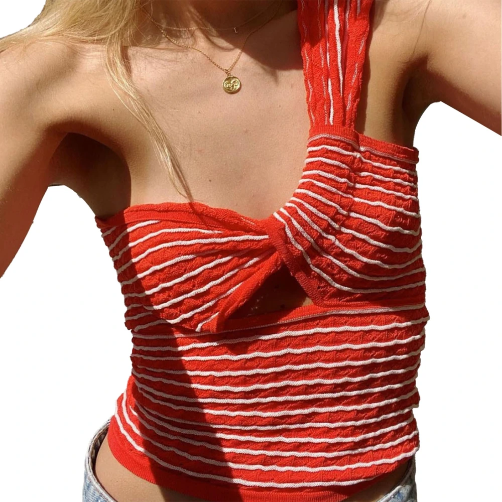 One Shoulder Knit Tank for Girls Elasticity Tight Fitting Stripe Tops Sleeveless Tops for Daily Date Outdoor Red White Stripes S