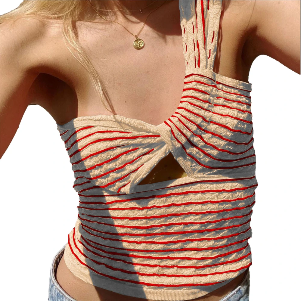 One Shoulder Knit Tank for Girls Elasticity Tight Fitting Stripe Tops Sleeveless Tops for Daily Date Outdoor Apricot Red Stripe XL