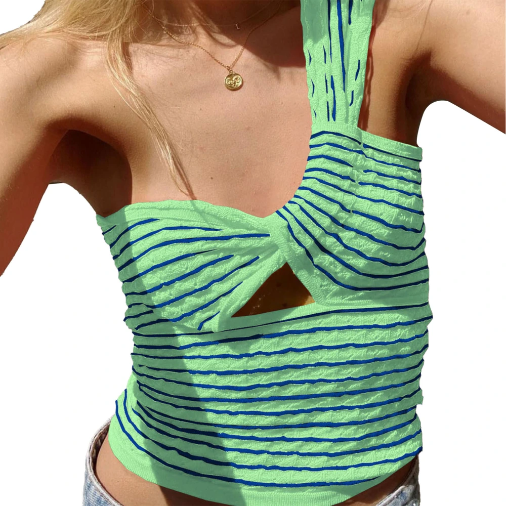 One Shoulder Knit Tank for Girls Elasticity Tight Fitting Stripe Tops Sleeveless Tops for Daily Date Outdoor Light Green Blue Stripe XL