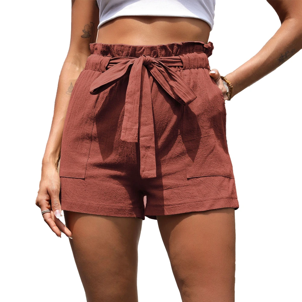 Bow Belt Shorts Women Pure Color Shorts Casual Summer Pocketed Short Pants High Waist Shorts Red XL