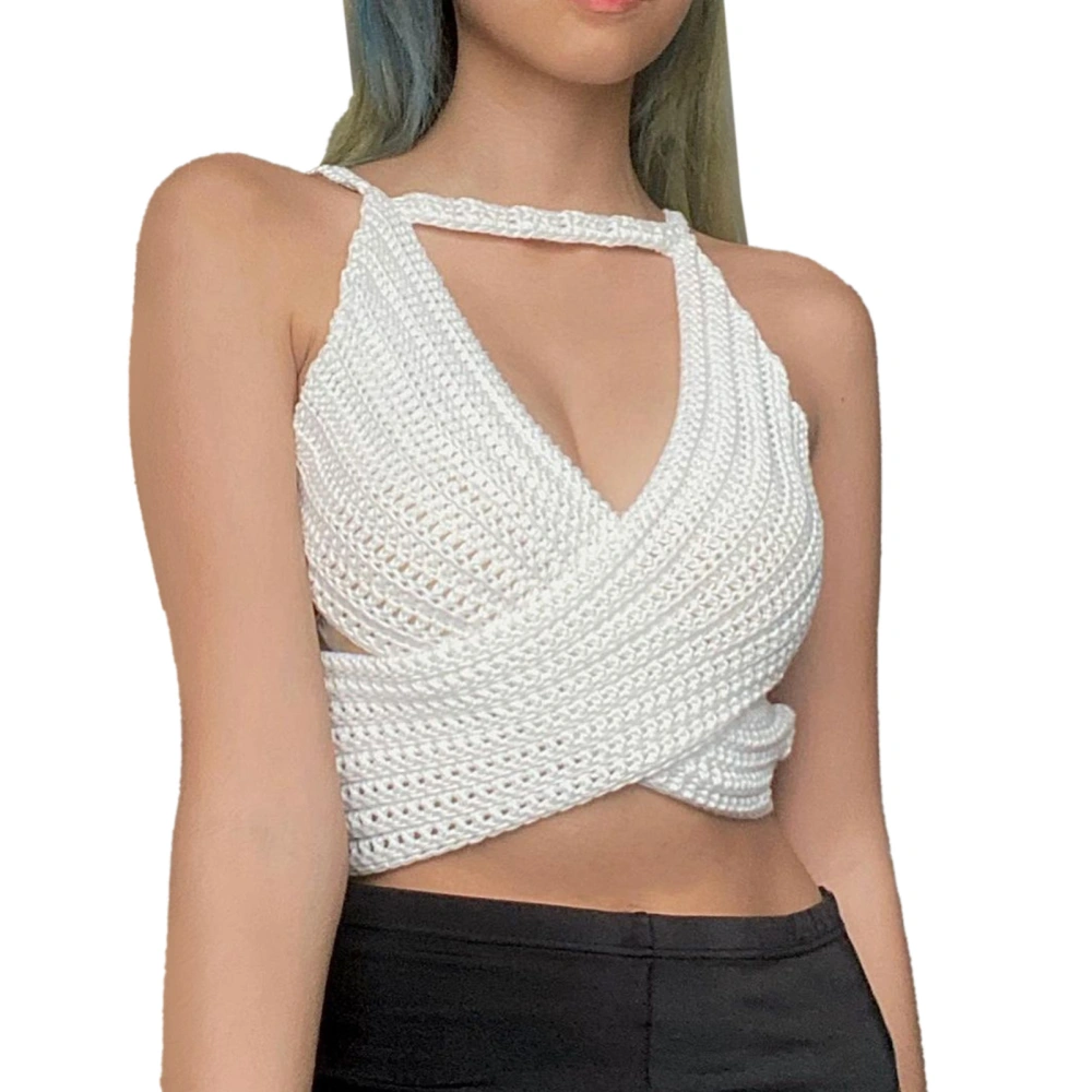 Women Lace Up Backless Camisole Top Criss Cross Deep V Neck Pure Color Sleeveless Strappy Top White M