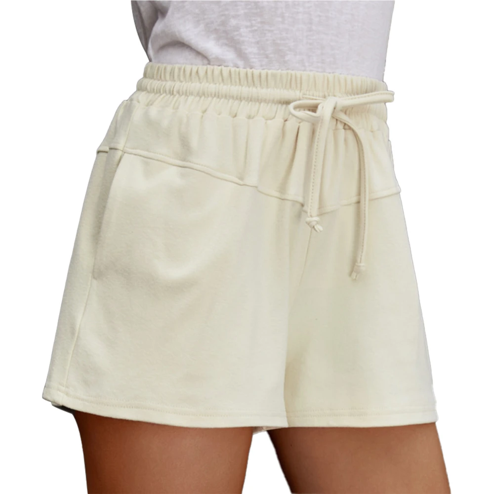 Women Drawstring Shorts Elastic Waist High Waisted Pure Color Side Pockets Wide Leg Shorts for Female Apricot L