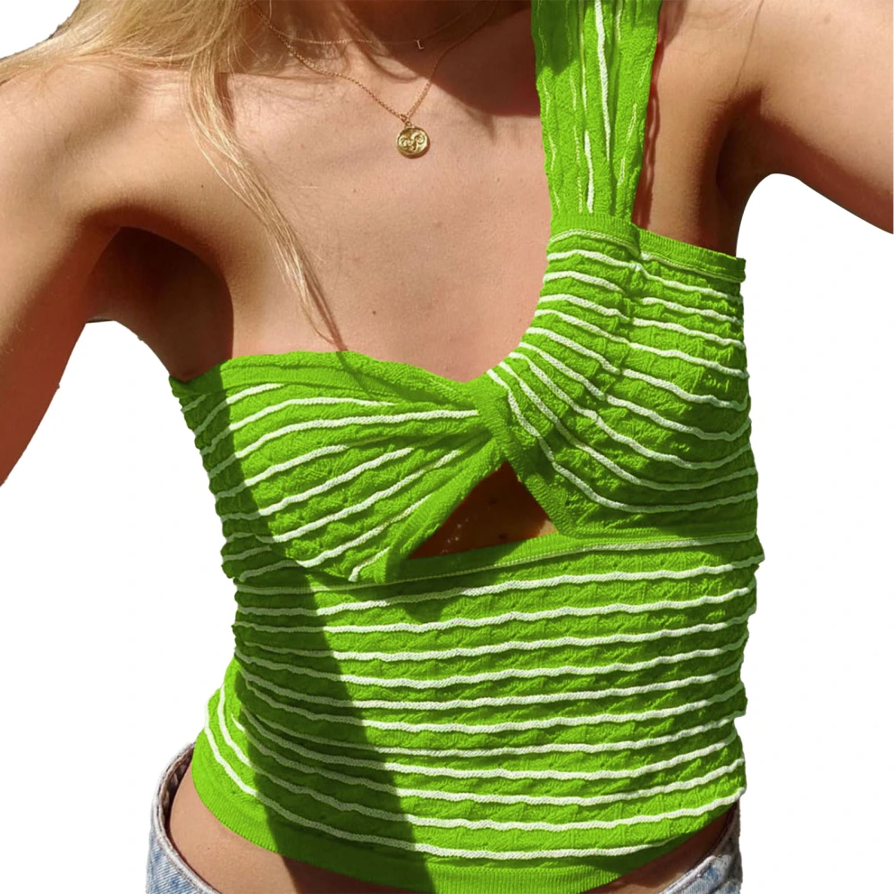 One Shoulder Knit Tank for Girls Elasticity Tight Fitting Stripe Tops Sleeveless Tops for Daily Date Outdoor Green White Stripes L