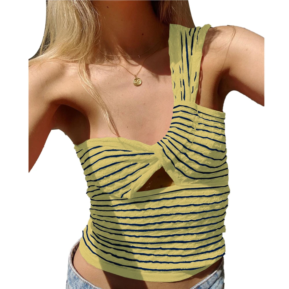 One Shoulder Knit Tank for Girls Elasticity Tight Fitting Stripe Tops Sleeveless Tops for Daily Date Outdoor Yellow Blue Stripe XS