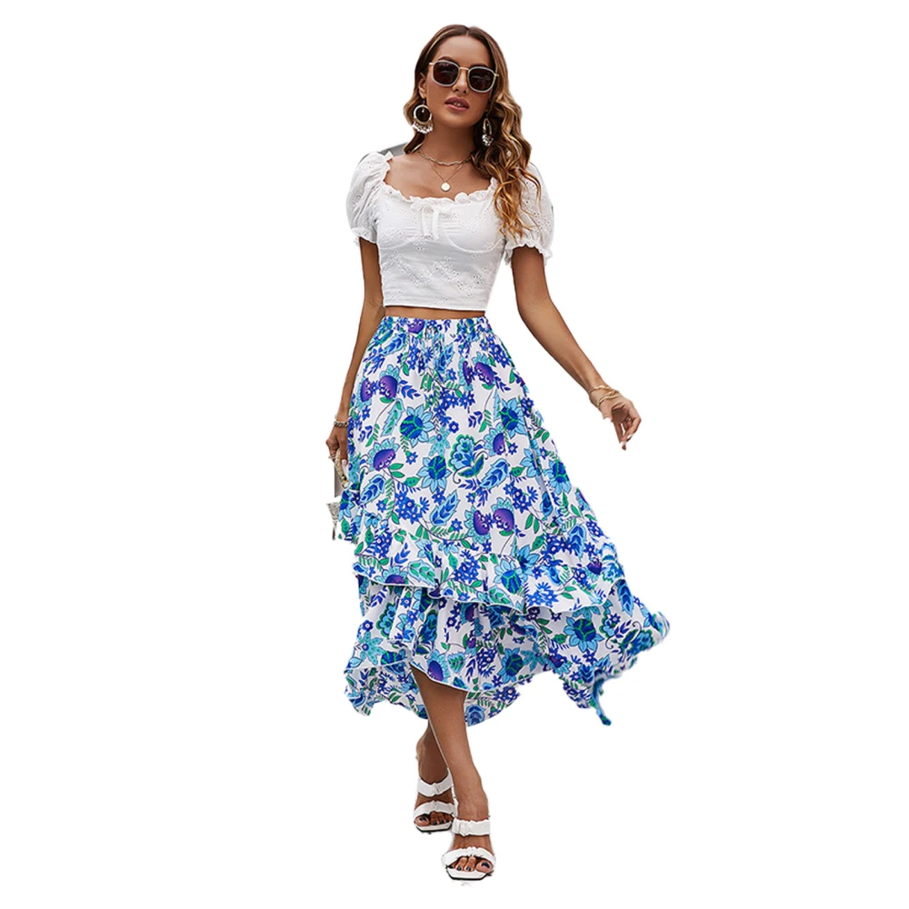 Women Bohemian Style Floral Midiskirt High Waist Ruffle Hem Fashionable Casual Skirt for Daily Party Vocation Floral Printing S