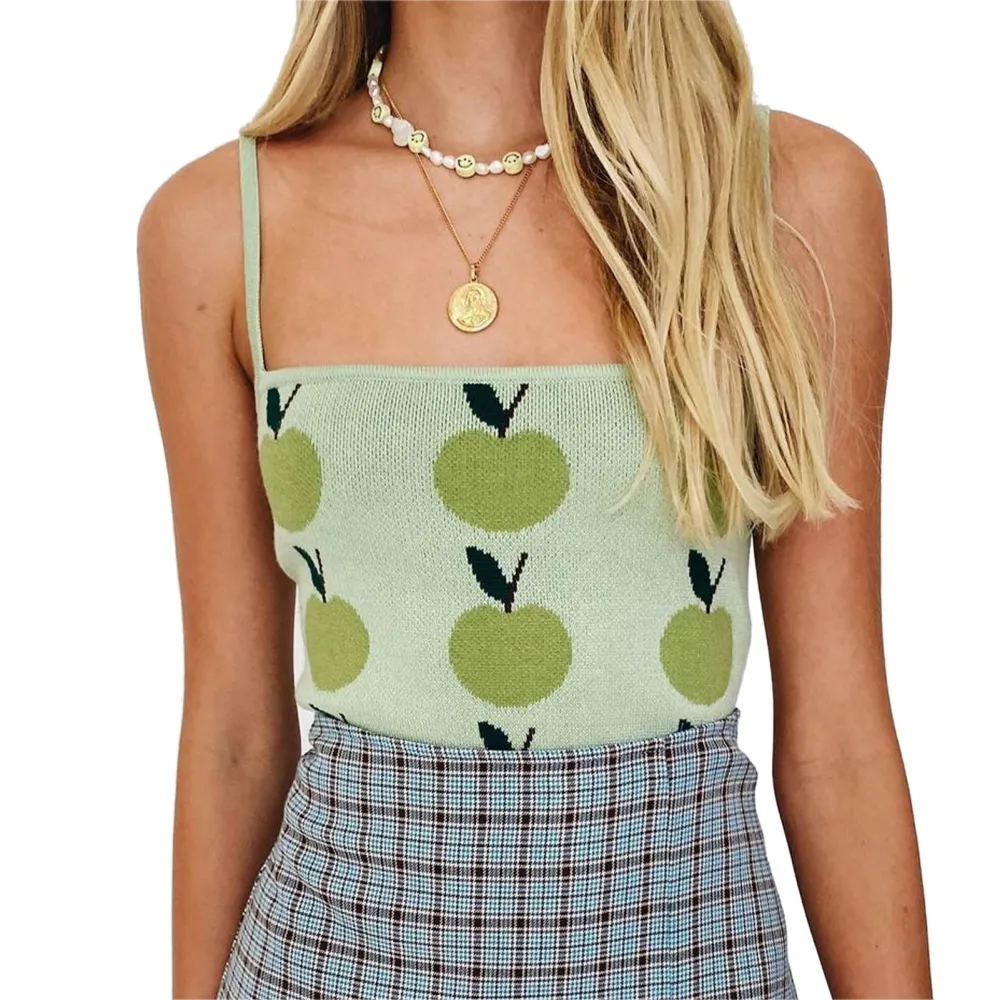 Strap Short Tank Top Women Fashionable Fruit Pattern Sleeveless Top for Dating Party Beach Green M