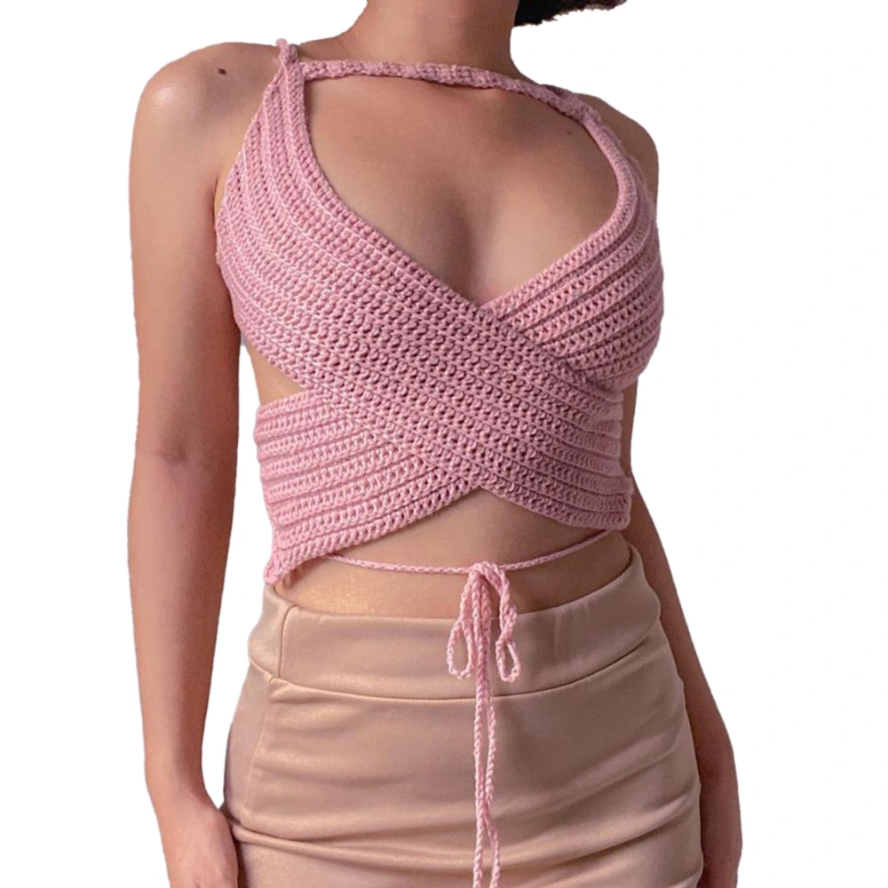 Women Lace Up Backless Camisole Top Criss Cross Deep V Neck Pure Color Sleeveless Strappy Top Pink L