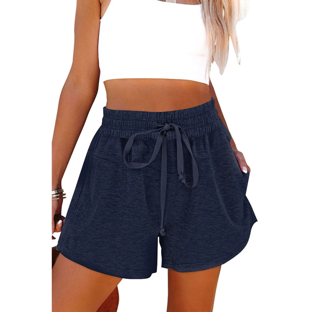 Women Drawstring Shorts Elastic Waist High Waisted Pure Color Side Pockets Wide Leg Shorts for Female Dark Blue L