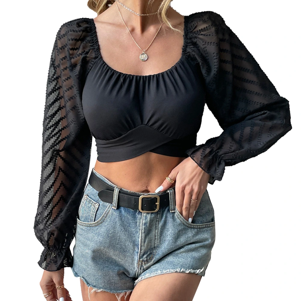 Women Long Sleeve Mesh Top U Neck Tie Back Breathable Women Short Blouse Top for Daily Work Party Black XL