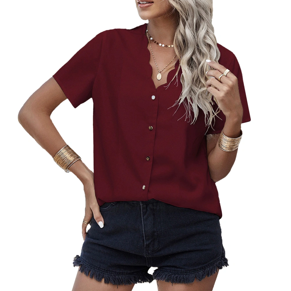 Women Button Down Blouse Pure Color Short Sleeve Lace V Neck Single Breasted Top for Daily Wine Red XL