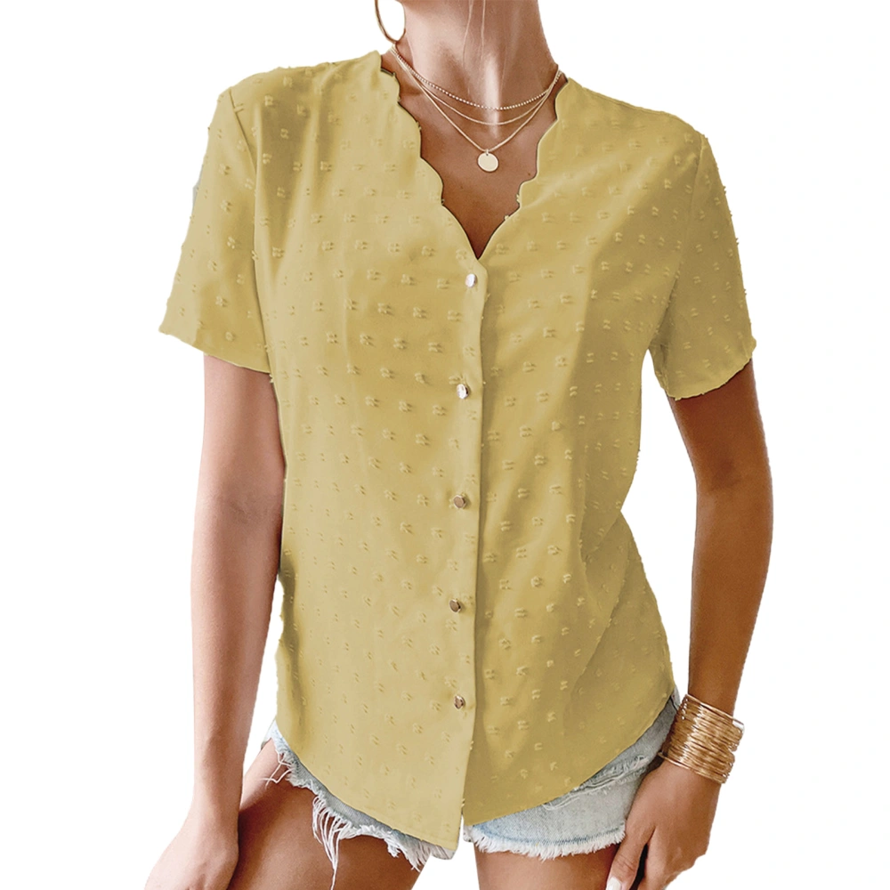 Summer Top V Neck Wave Collar Single Row Button Plain Dot Jacquard Short Sleeve T Shirt Yellow XL