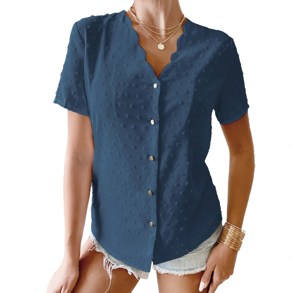 Summer Top V Neck Wave Collar Single Row Button Plain Dot Jacquard Short Sleeve T Shirt Royal Blue L