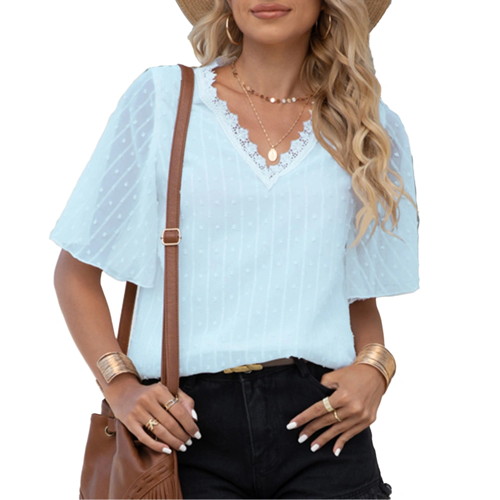 Pure Color Short Sleeved Blouse V Neck Comfortable Plain Color Double Layer Women Lace Splicing Shirt Light Blue M