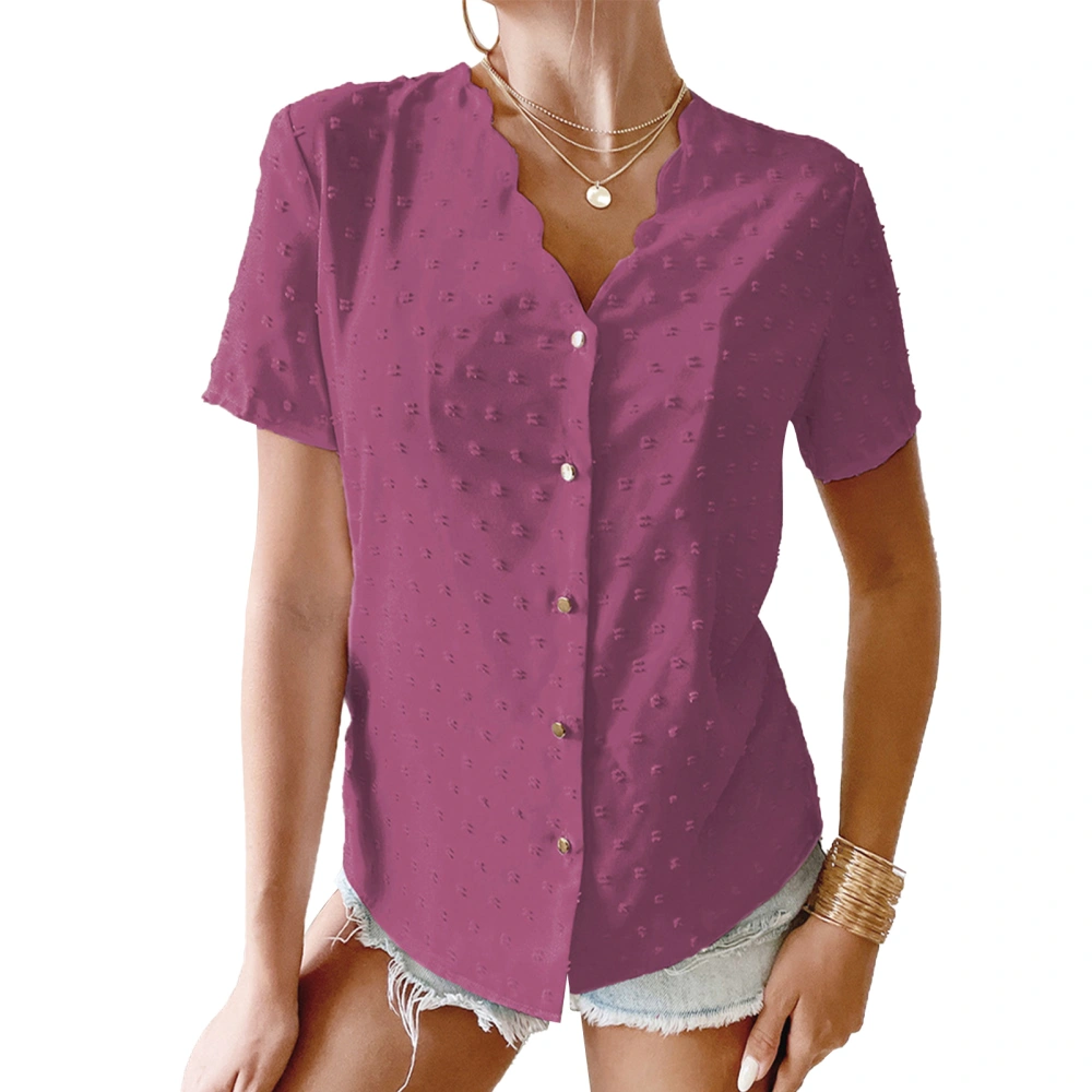 Summer Top V Neck Wave Collar Single Row Button Plain Dot Jacquard Short Sleeve T Shirt Purple S