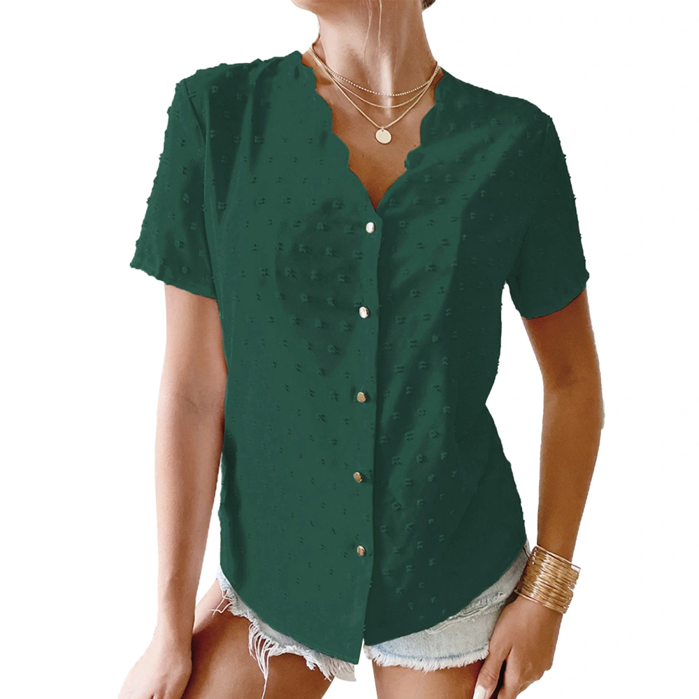 Summer Top V Neck Wave Collar Single Row Button Plain Dot Jacquard Short Sleeve T Shirt Green L