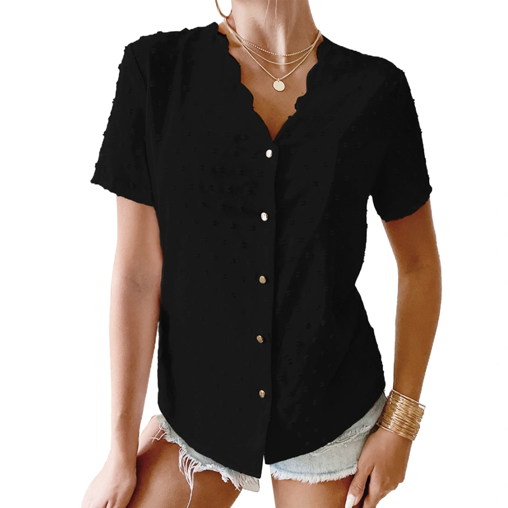 Summer Top V Neck Wave Collar Single Row Button Plain Dot Jacquard Short Sleeve T Shirt Black S