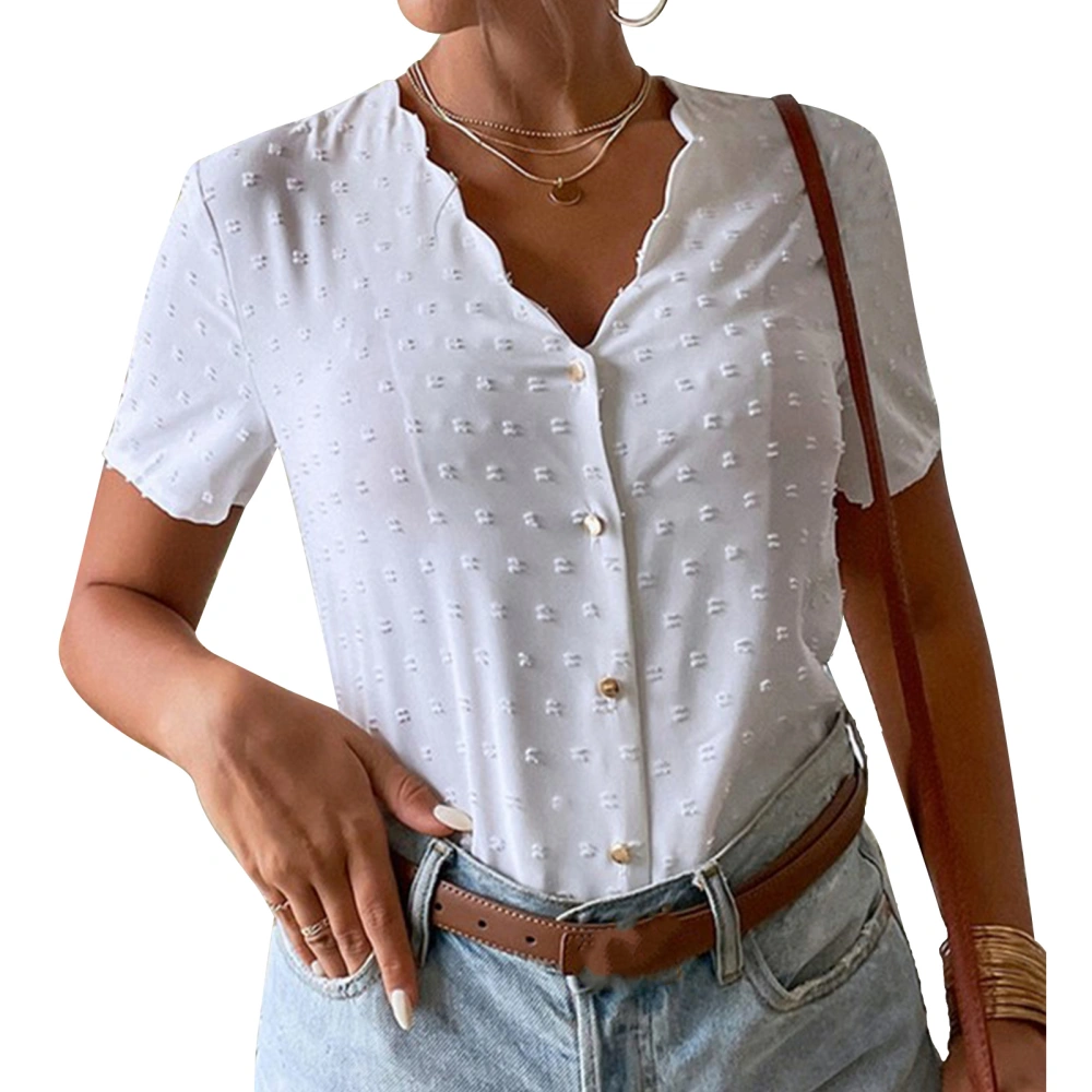 Summer Top V Neck Wave Collar Single Row Button Plain Dot Jacquard Short Sleeve T Shirt White S