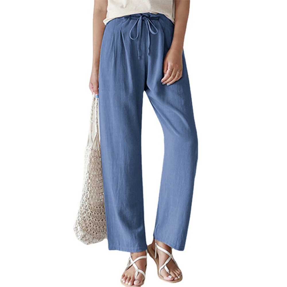 Women Straight Trousers Elastic Waist Tie Wide Leg Pants Loose Trousers for Spring Summer Blue XL