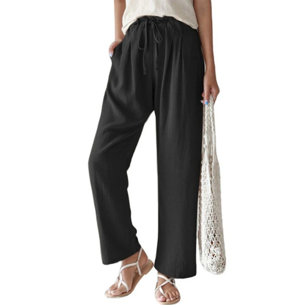 Women Straight Trousers Elastic Waist Tie Wide Leg Pants Loose Trousers for Spring Summer Black XL