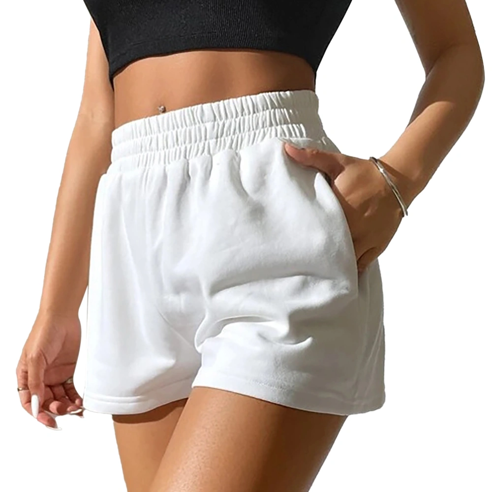 Wide Leg Shorts Elastic High Waist Pure Color Casual Fitted Sports Shorts for Women Dating White XXL