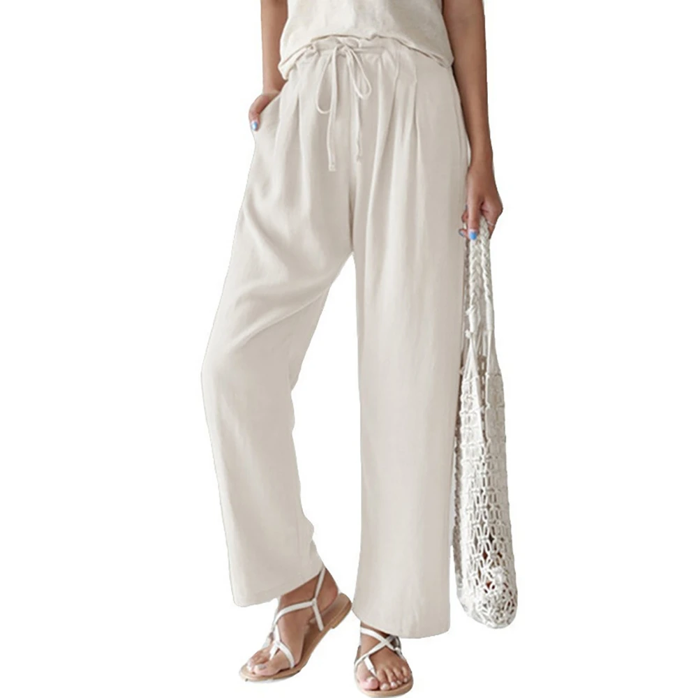 Women Straight Trousers Elastic Waist Tie Wide Leg Pants Loose Trousers for Spring Summer White S