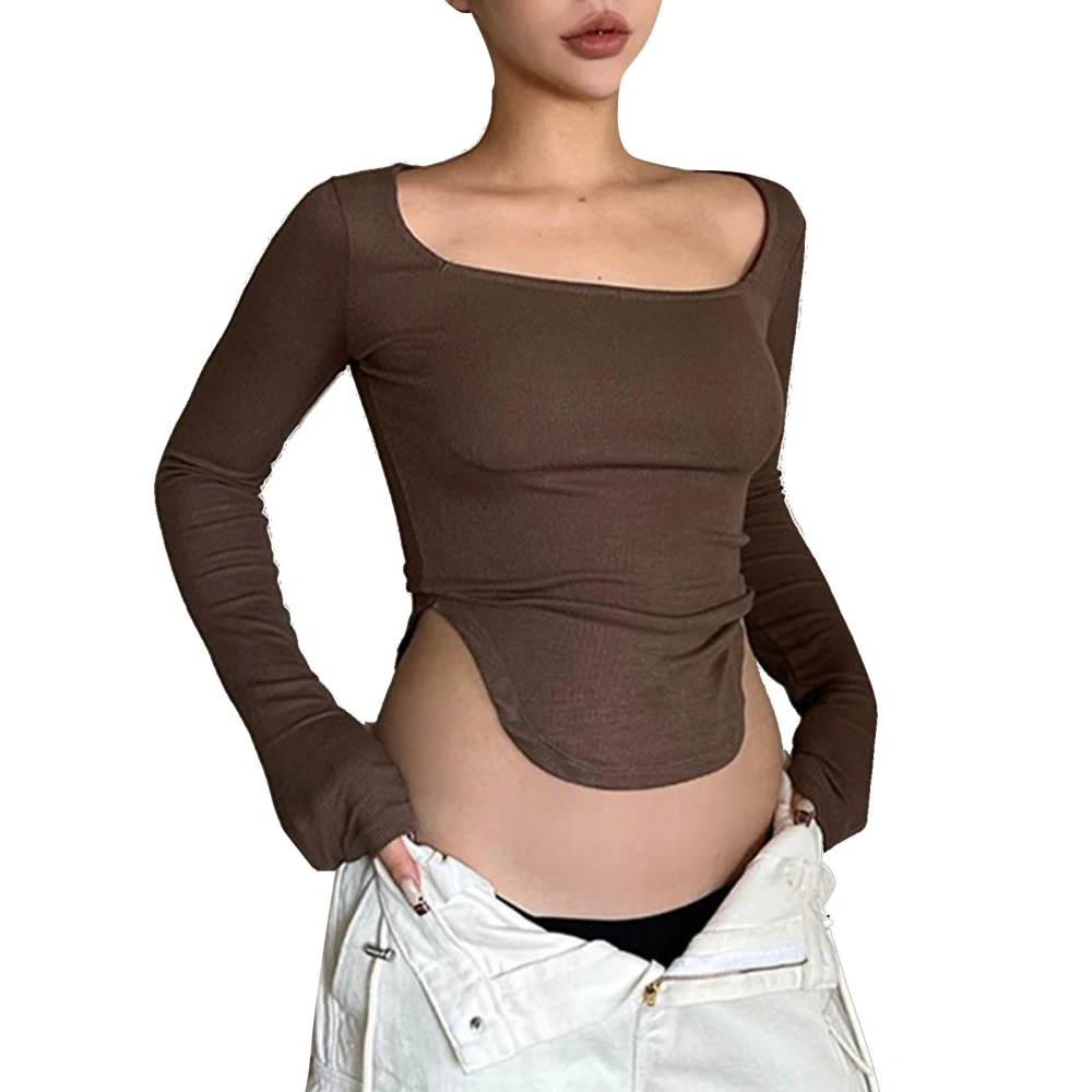 Spring Top Long Sleeve Square Neck Half Round Hem Plain Slim Fit Casual Pullover for Party Night Out Brown S