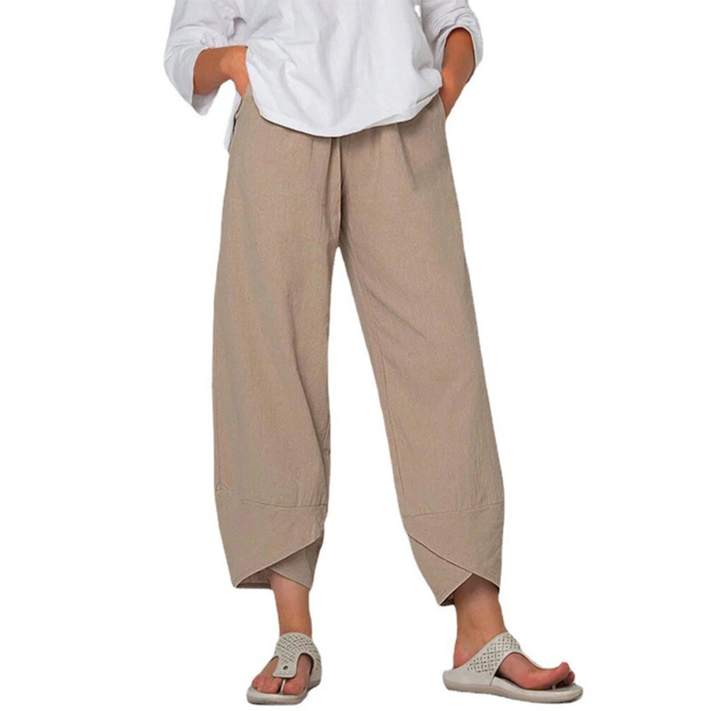 Women Ninth Pants Loose Casual with Pockets Soft Breathable Polyester Clothing for Home Outdoor Khaki XXL