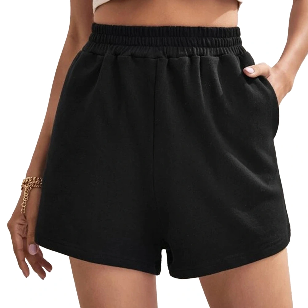 Wide Leg Shorts Elastic High Waist Pure Color Casual Fitted Sports Shorts for Women Dating Black L