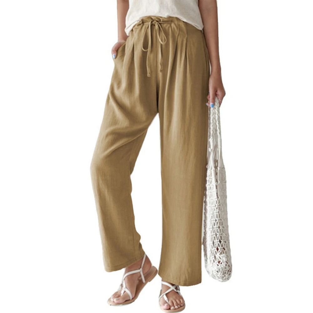 Women Straight Trousers Elastic Waist Tie Wide Leg Pants Loose Trousers for Spring Summer Khaki L