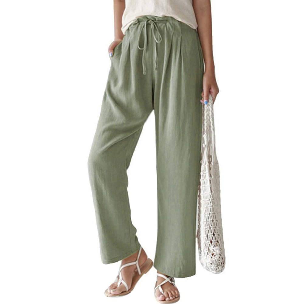 Women Straight Trousers Elastic Waist Tie Wide Leg Pants Loose Trousers for Spring Summer Green S