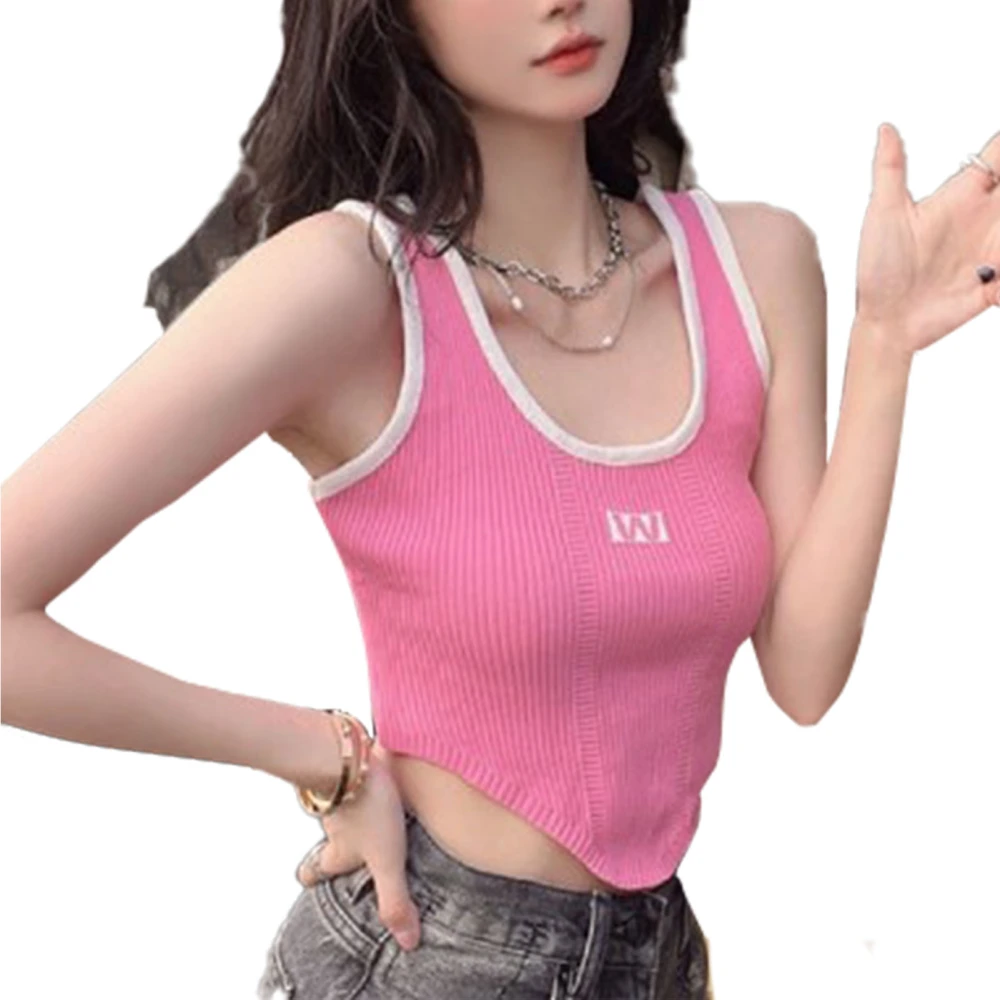 Retro Asymmetrical Hem Sleeveless Shirt Women Sports Casual Elegant Letter Rib Knit Tank Top Pink Free Size