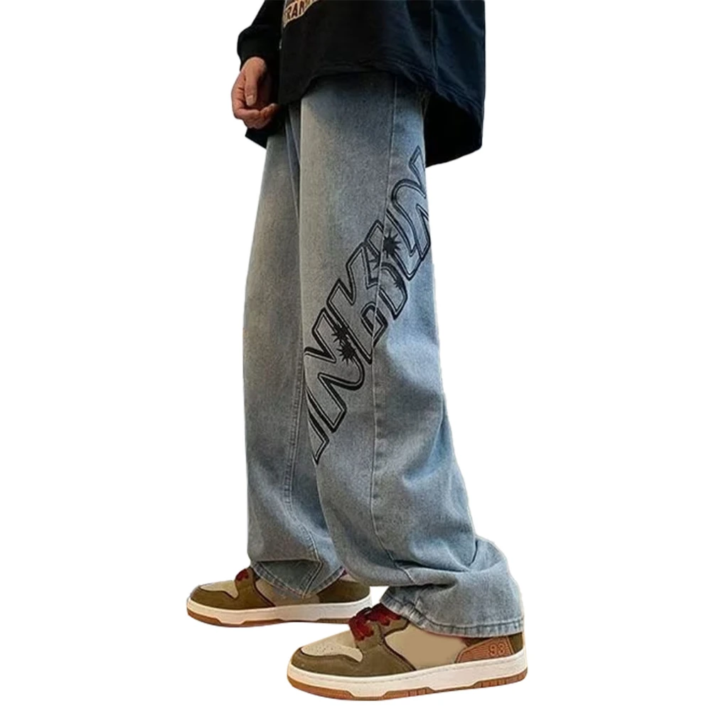 Men Wide Leg Denim Pants Vintage Loose Fit Oversized Breathable Fashionable Men Casual Trousers for Autumn Blue M