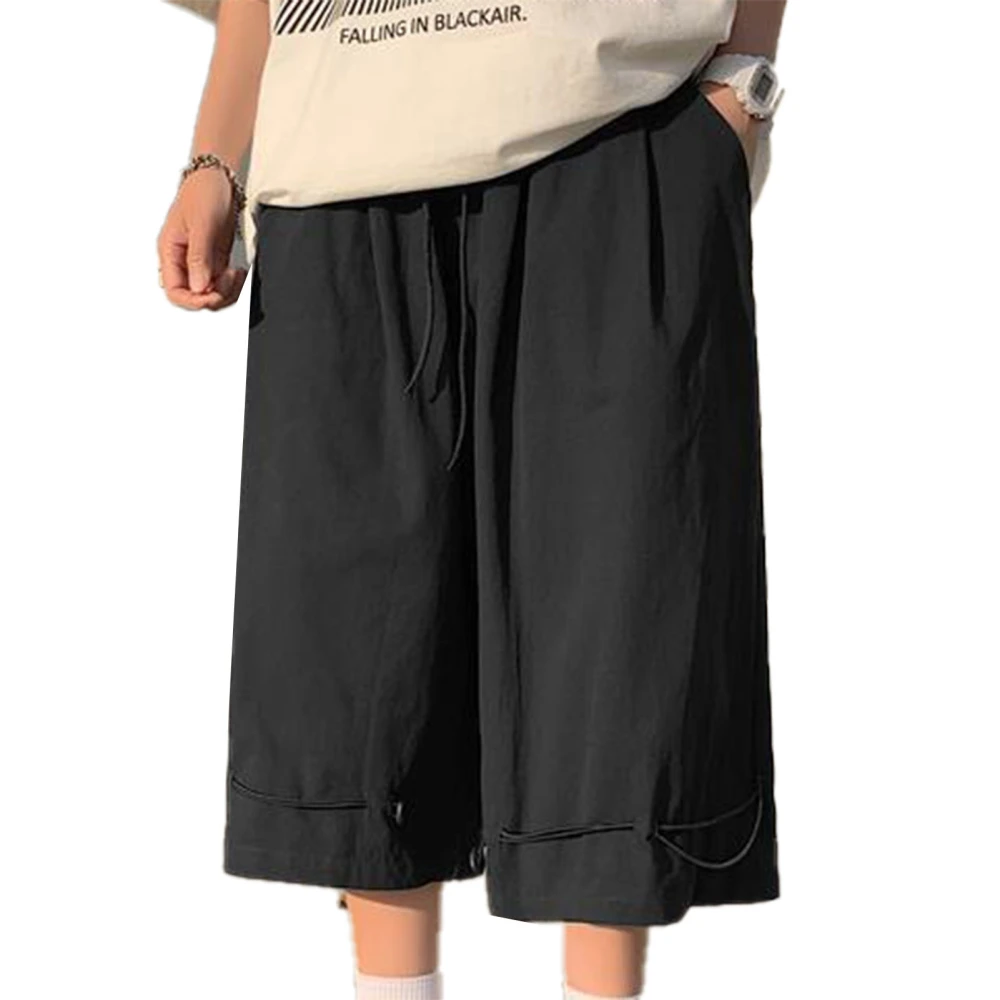 Male Cropped Trousers Side Pockets Waist Drawstring Pure Color Men Wide Leg Cropped Pants for Outdoors Sports Black M