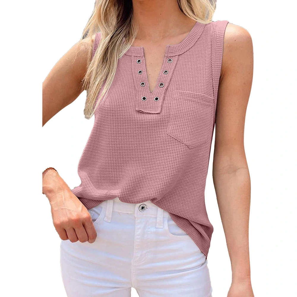 V Neck Casual Tank Sleeveless Front Pocket Pure Color Tank Top Blouse for Women Summer Pink XL