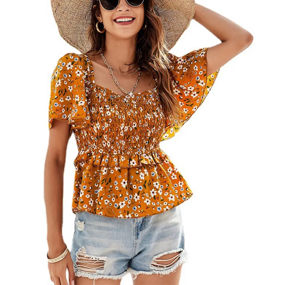 Women Short Bell Sleeves Top Floral Printing Ruffle Hem Backless Elastic Waist T Shirt Orange XS