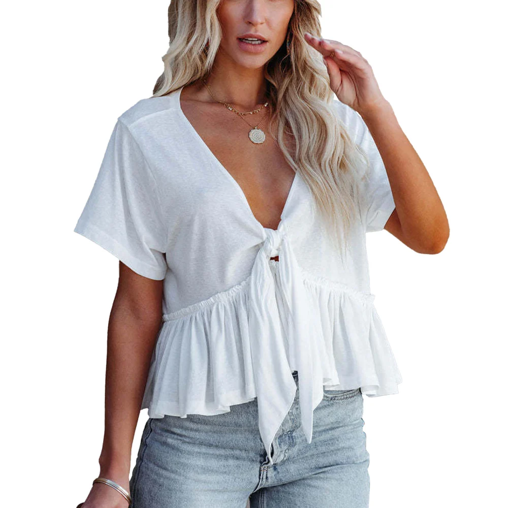 Women Short Sleeve Top V Neck Solid Color Tie Knot Front Ruffle Hem for Daily Wear Dating Shopping White XXL