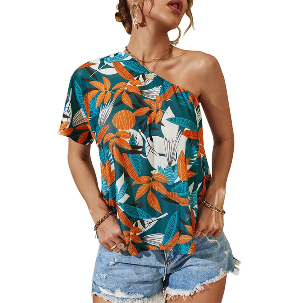 Women One Shoulder Top Short Sleeve Floral Printed Pattern Loose Printed Top For Summer Peacock Green M