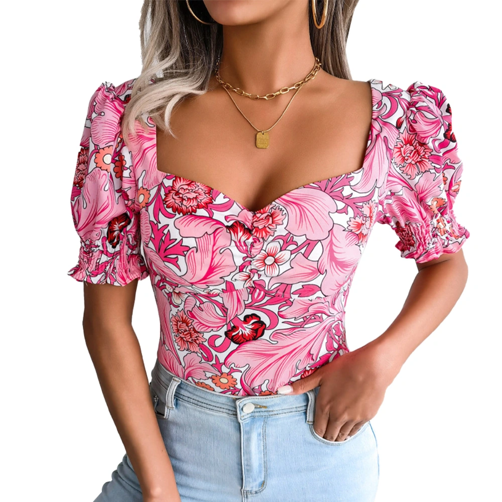 Women Floral Print Puff Lantern Sleeve Top Low Cut Loose Short Sleeve Top For Summer Red L