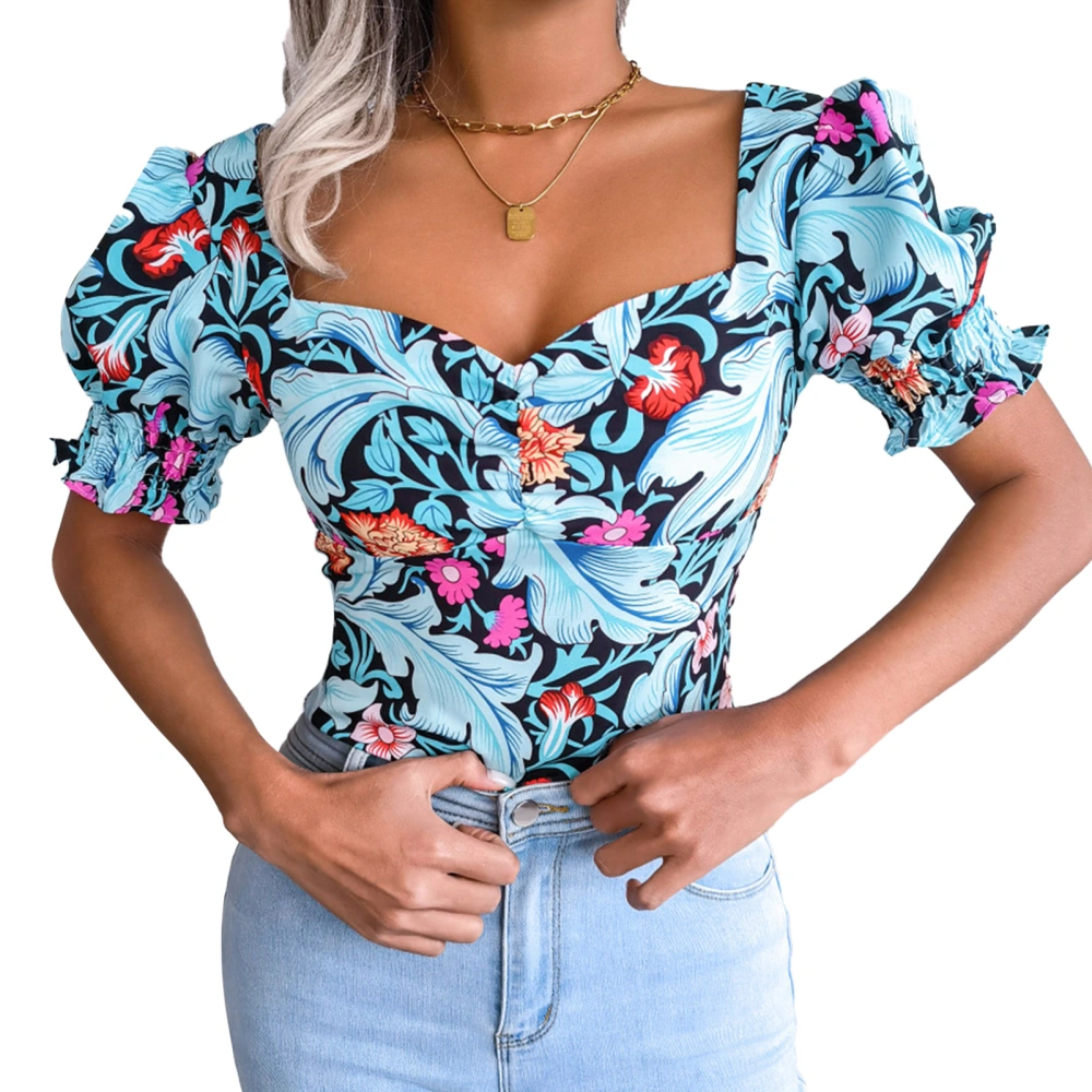 Women Floral Print Puff Lantern Sleeve Top Low Cut Loose Short Sleeve Top For Summer Blue M