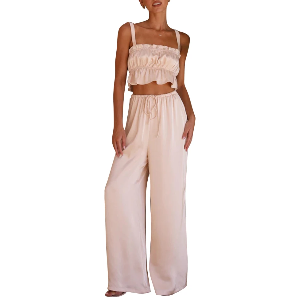 Strap Tube Top Pants Set Ruffle Hem Straight Wide Leg Elastic High Waist Loose Fit Women Casual 2 Piece Outfits Apricot L