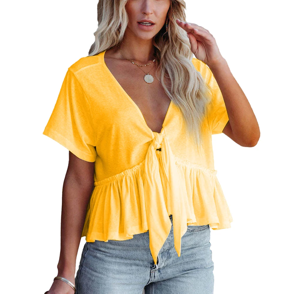 Women Short Sleeve Top V Neck Solid Color Tie Knot Front Ruffle Hem for Daily Wear Dating Shopping Yellow XXL