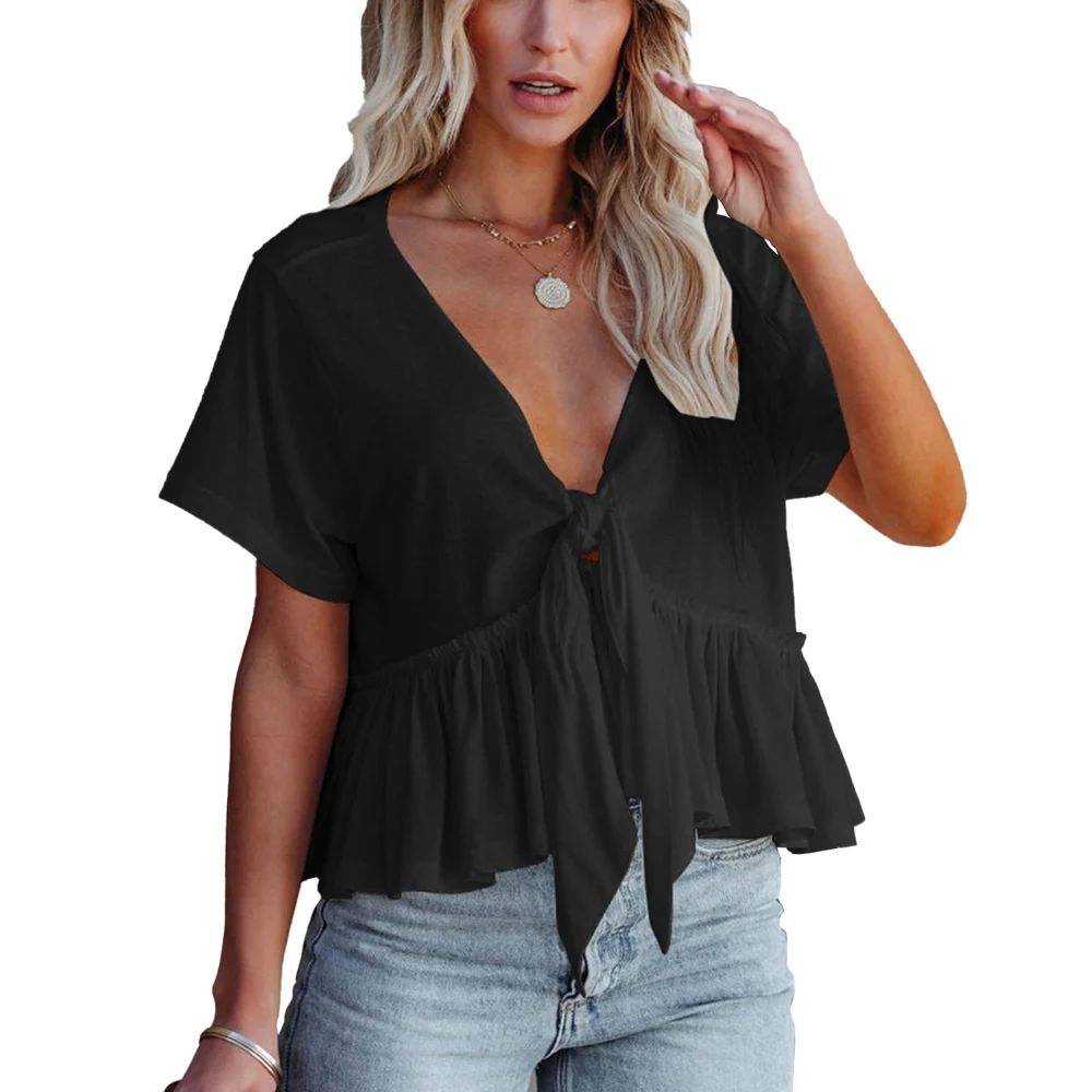 Women Short Sleeve Top V Neck Solid Color Tie Knot Front Ruffle Hem for Daily Wear Dating Shopping Black XL