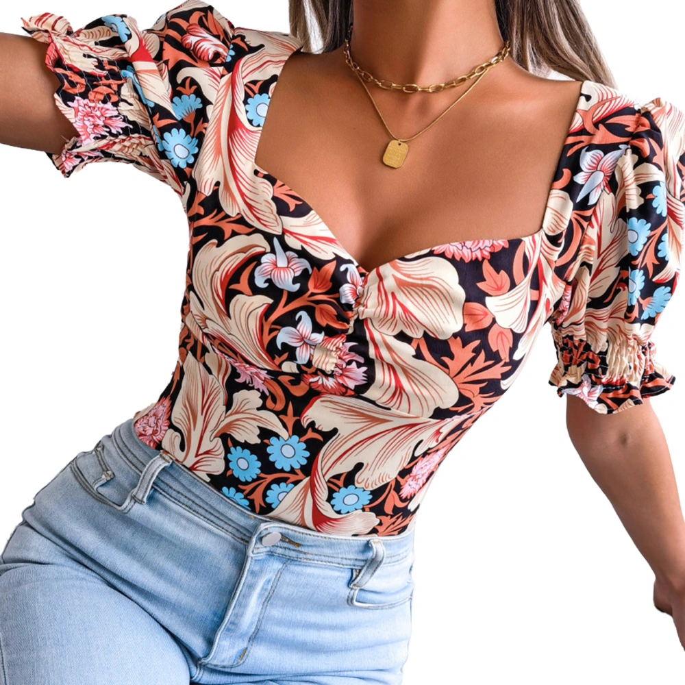 Women Floral Print Puff Lantern Sleeve Top Low Cut Loose Short Sleeve Top For Summer Black M