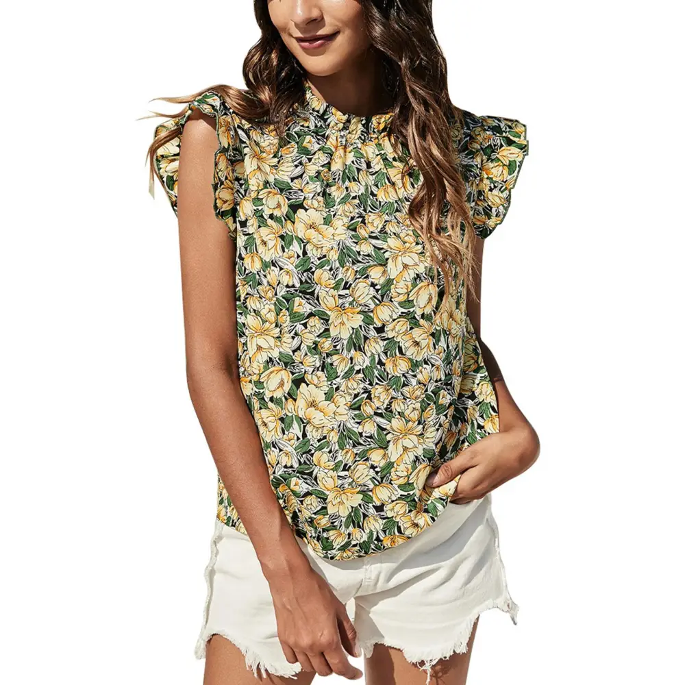 Women Ruffle Cap Sleeve Blouse Shirt Women Summer Half High Collar Keyhole Back Floral Print Tank Top Lemon Yellow XS