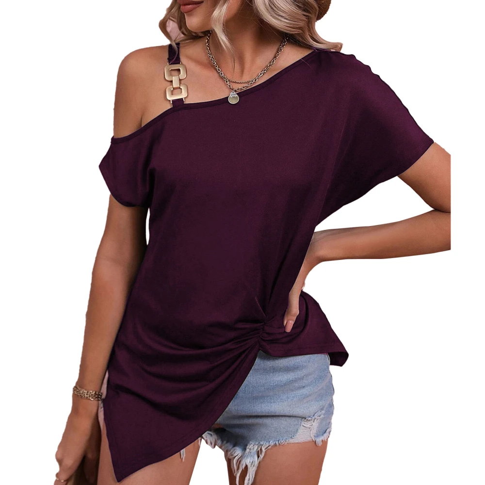 Women Single Cold Shoulder Top Hem Pleated Pure Color Loose Fitting Summer Casual T Shirt Fuchsia XXL