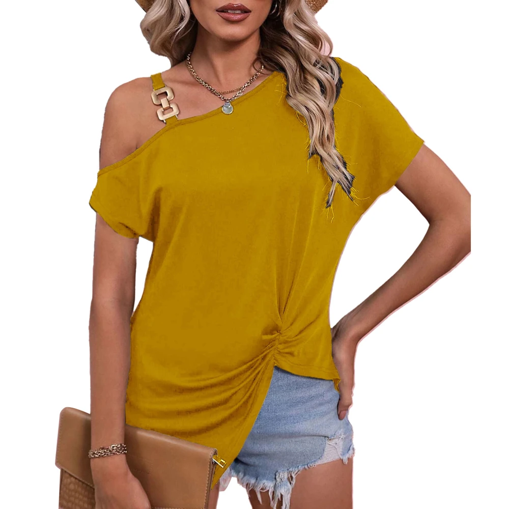 Women Single Cold Shoulder Top Hem Pleated Pure Color Loose Fitting Summer Casual T Shirt Yellow XL