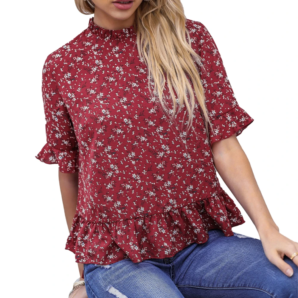 Short Sleeve Blouse Frill Trim Round Neck Ruffle Hem Cuffs Floral Print Women Casual Summer Top for Daily Travel Red S