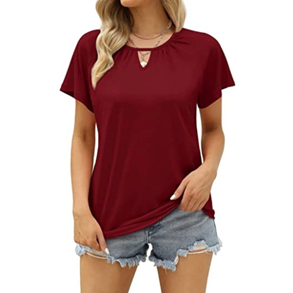 Cutout T Shirt Short Sleeve Plain Casual Comfortable Basic Hollow Neck Short Sleeve Top Wine Red XL